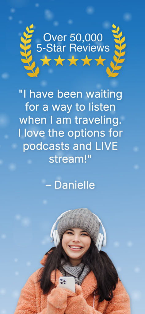 Relevant Radio Catholic Rosary - Screenshot of Relevant Radio app showing a 5-star review from Danielle and mention of over 50000 positive ratings.