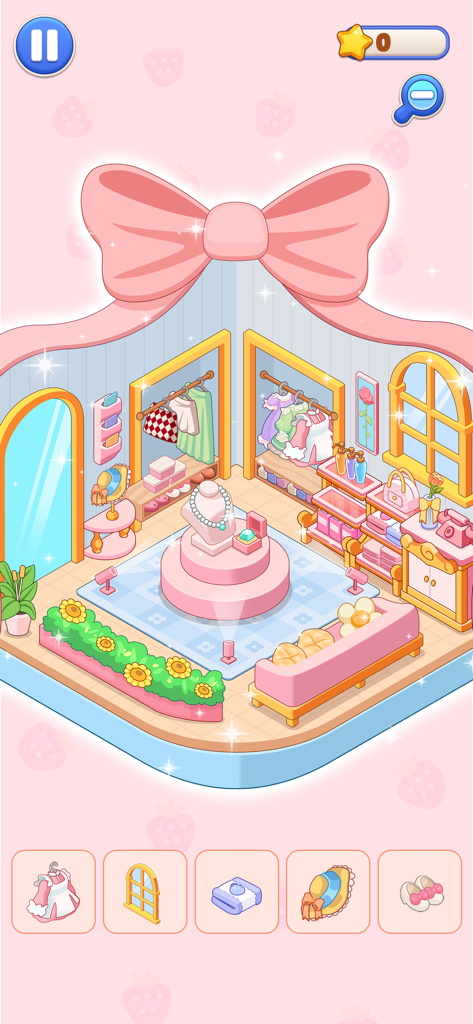 Fantasy Room: Home Decor - Une coiffeuse esthétique rose dans le jeu Fantasy Room Home Decor, présentant des bijoux et des vêtements