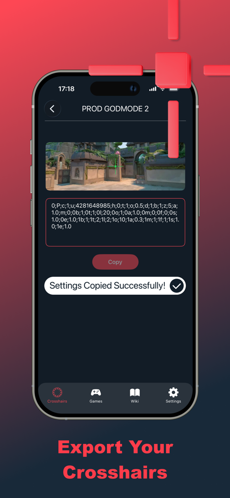 Valo AIM - Custom Crosshair X - Valo AIM app interface showing a custom crosshair export code and success message