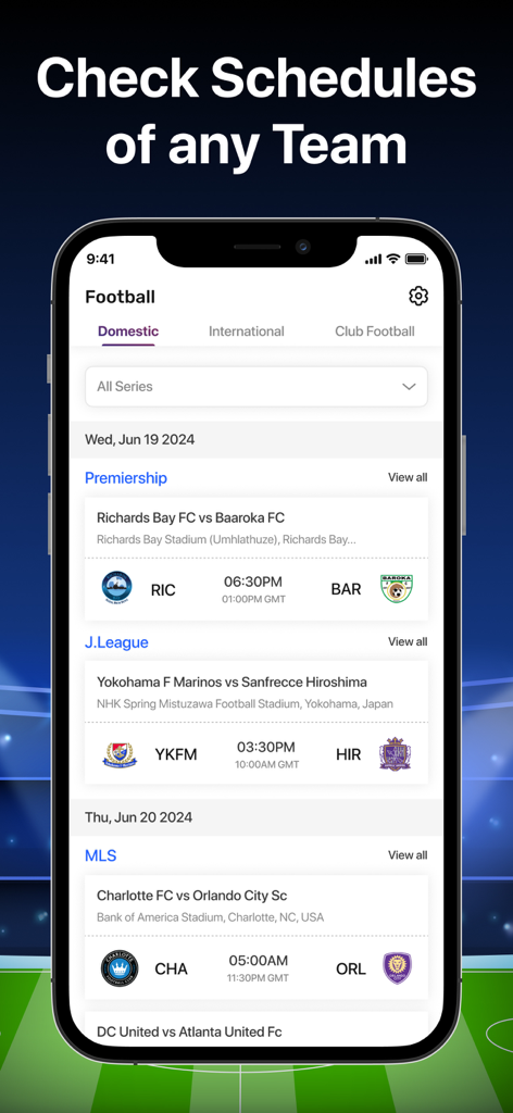 iPhone screen displaying football match schedules for global leagues including MLS and Premiership
