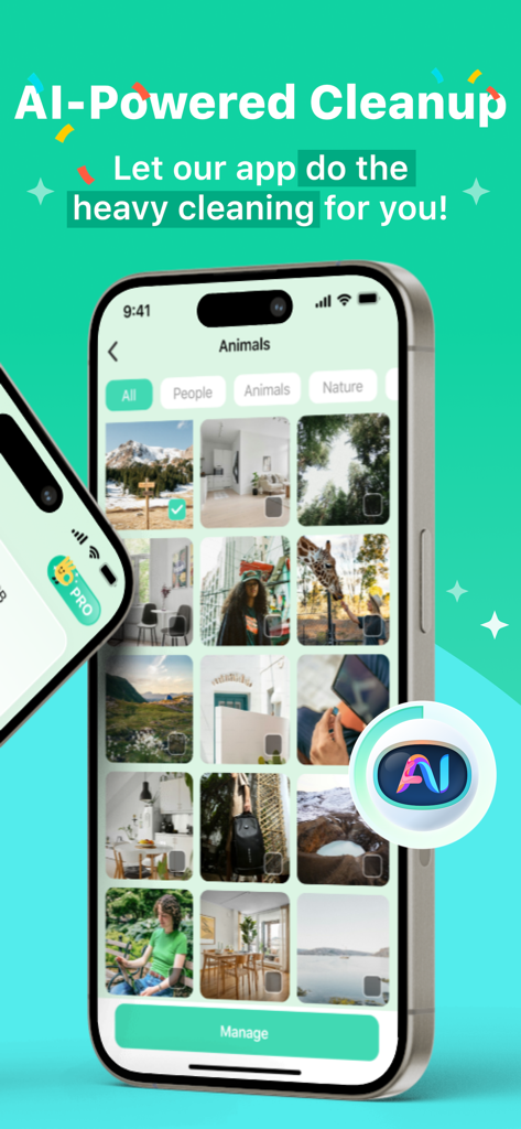 iPhone mostrando la interfaz de la aplicación AI Cleaner con categorización automática de fotos para personas, animales y naturaleza