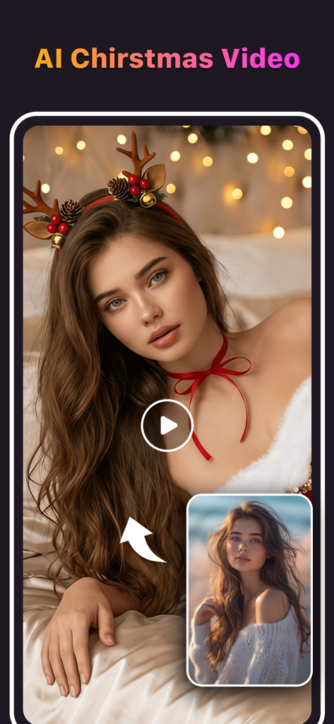 Interfaz de la aplicación AI Danza que muestra la función AI Christmas Video que transforma un retrato en un video festivo de vacaciones con accesorios de renos.