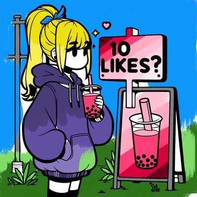 girl with oversized hoodie drinking boba and she has a high ponytail with a sign that says 10likes?