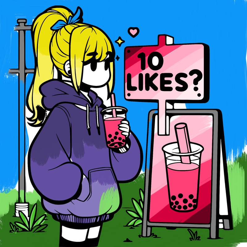 girl with oversized hoodie drinking boba and she has a high ponytail with a sign that says 10likes?