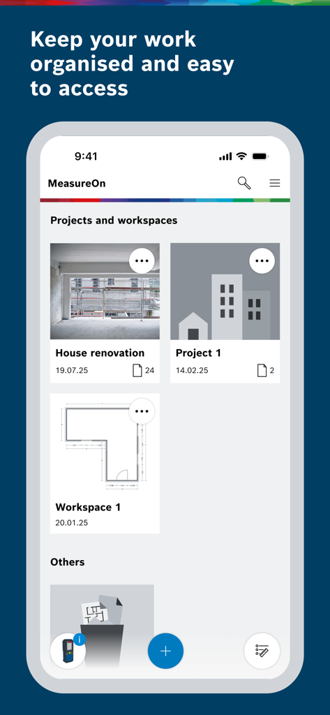 Bosch MeasureOn mobile app interface displaying organized construction projects and floor plan workspaces