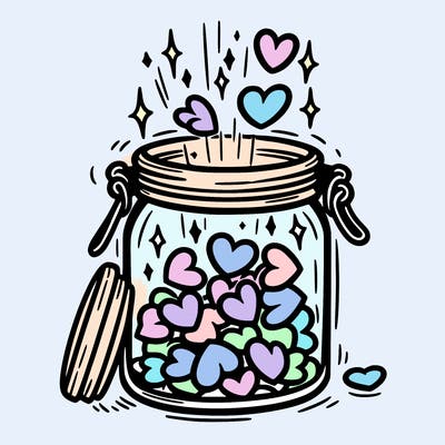 a jar filled with glowing hearts slowly opening and releasing them.