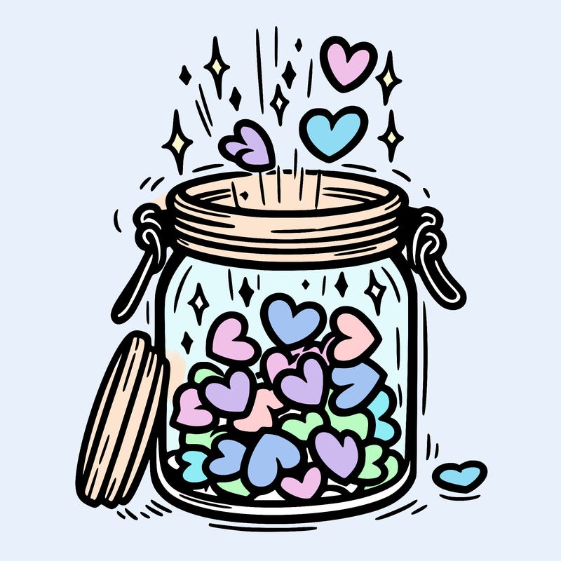 a jar filled with glowing hearts slowly opening and releasing them.