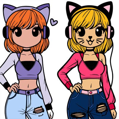girl in a crop top and jeans. headphones with kitty ears. cat whiskers and a black nose are drawn on her face