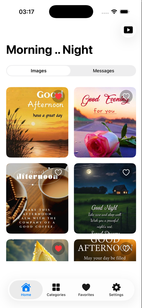 Good Morning Night Afternoon - Interfaz de una aplicación móvil que muestra una cuadrícula de tarjetas de saludo estilizadas para buenos días, tardes, noches y madrugadas.