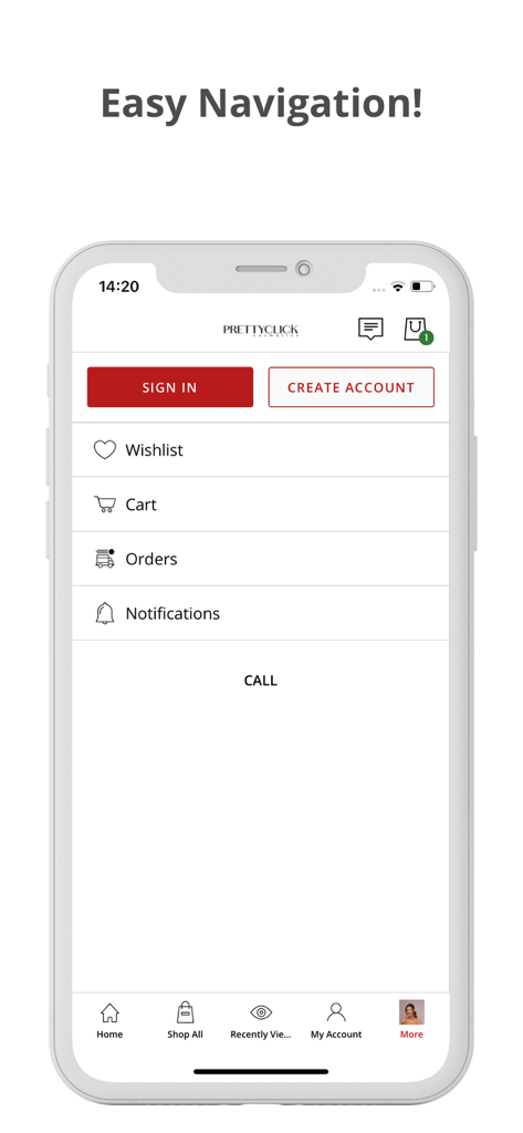 Prettyclicknepal - Prettyclick mobile app navigation screen showing sign in options wishlist cart and orders