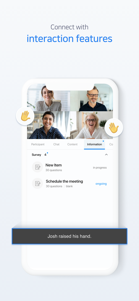 Brity Meeting 브리티 미팅 - Brity Meeting mobile interface showing video call participants and interactive survey tools