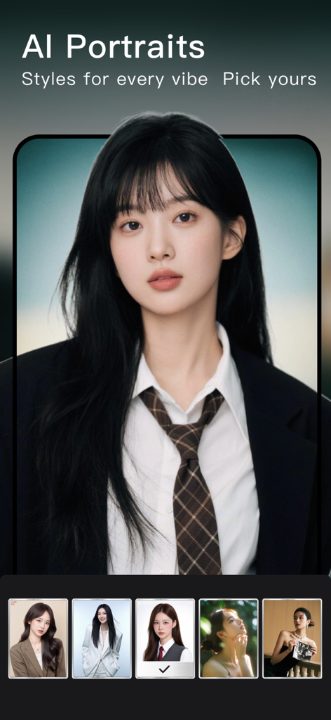 Interface de l'application Wuta Camera présentant des styles de portraits IA pour des photos professionnelles et créatives