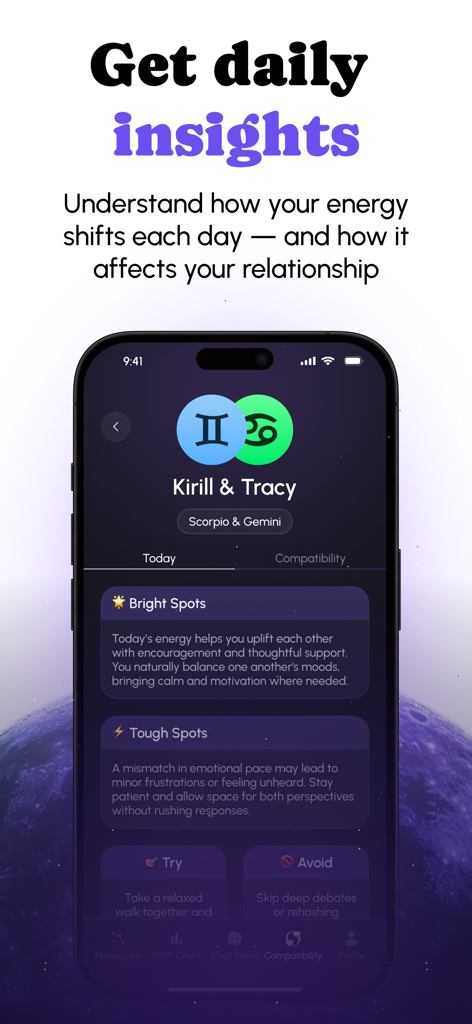 Starzen - Astrology & Tarot - A screenshot of the Starzen app showing daily relationship insights and zodiac compatibility between two people.