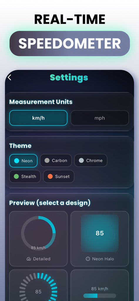 Settings screen of the Speedometer app showing measurement units and various theme design options like Neon and Carbon