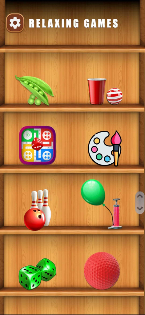 A wooden shelf menu showing various relaxing mini games and fidget toys
