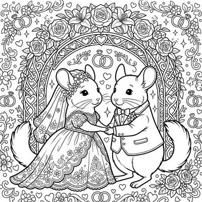 Step into a world of whimsical romance with this enchanting chinchilla wedding coloring page. Featuring two elegantly dressed chinchillas exchanging vows amidst a beautifully decorated floral arch, it's perfect for celebrating love and creativity.