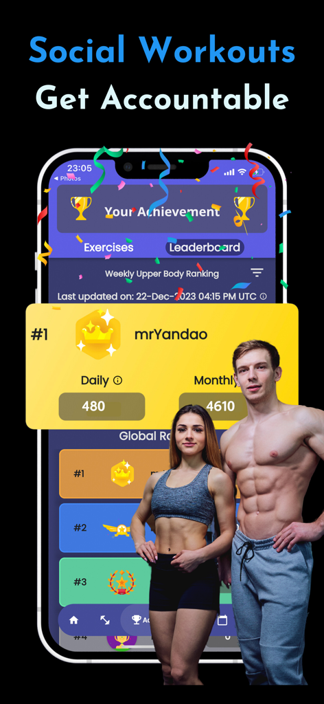 AI Fitness Coach: Basic Fit - Interface do aplicativo AI Fitness Coach mostrando um ranking social de treinos com classificações de usuários e conquistas de fitness