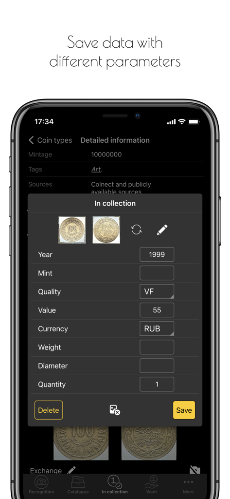 Maktun: Coin, Note Collection - Interface de l'application Maktun pour entrer des informations détaillées sur la pièce, y compris l'année, la qualité et la valeur