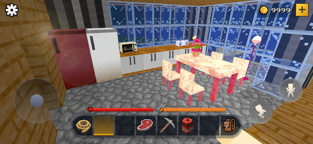 Block Craft World Sandbox - A detailed block-style kitchen and dining area inside a house in Block Craft World Sandbox with a survival game interface.