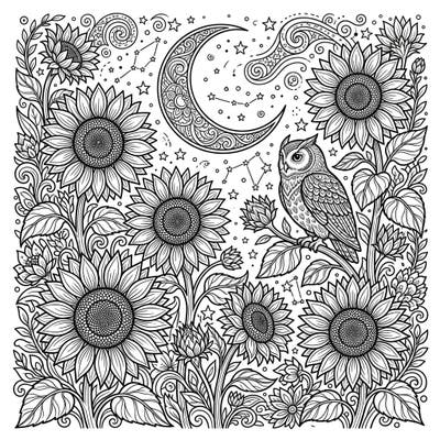 Immerse yourself in a magical night scene with this intricate coloring page featuring stunning red sunflowers, a watchful owl, and a mystical crescent moon surrounded by stars. This detailed design promises hours of creative fun, inviting you to bring its nocturnal beauty to life with your favorite colors.