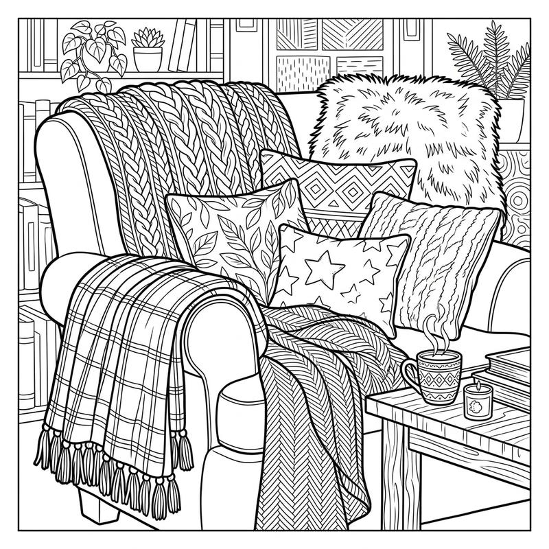 Dive into a world of warmth and comfort with this delightful coloring page featuring an abundance of cozy textiles and throws. Perfect for anyone looking to relax and add vibrant hues to a snug, inviting scene.