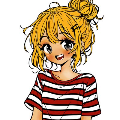 anime girl teenager striped shirt and smile and messy bun