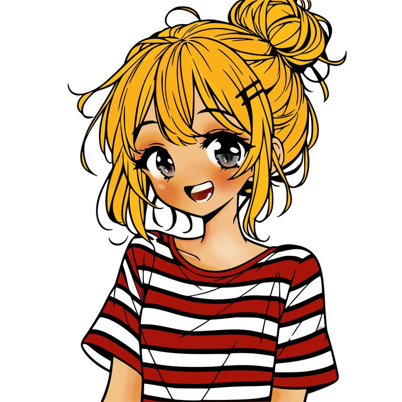 anime girl teenager striped shirt and smile and messy bun