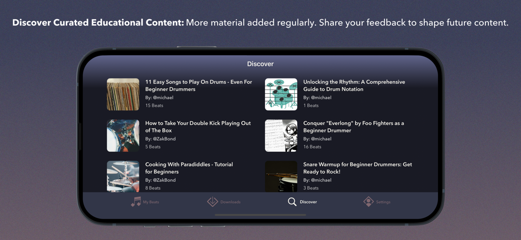 Pantalla Descubrir de la aplicación Notación de Batería mostrando contenido educativo curado y lecciones de batería para principiantes y profesionales
