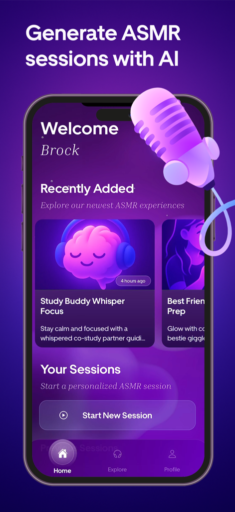 Home screen of the AISMR app featuring personalized AI generated ASMR sessions