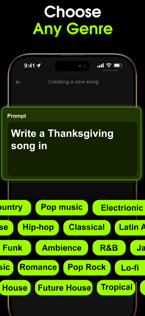 Zuka AI music maker interface showing a prompt to write a Thanksgiving song and various genre options like Hip-hop and Pop