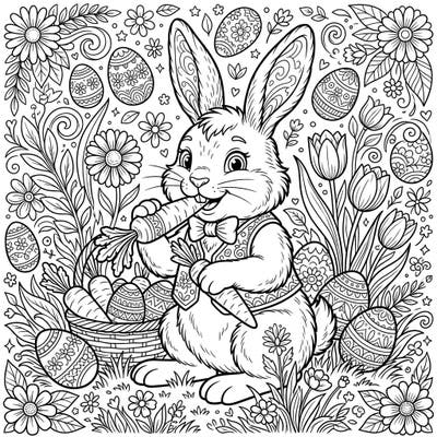 Celebrate the joy of spring with this intricate Easter Bunny coloring page, featuring a charming rabbit, sweet carrots, and a bounty of beautifully patterned Easter eggs. Dive into a world of detailed blossoms and festive elements, perfect for bringing vibrant hues to your holiday season.