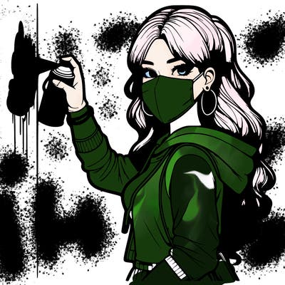 realistic girl with mask spray painting a wall