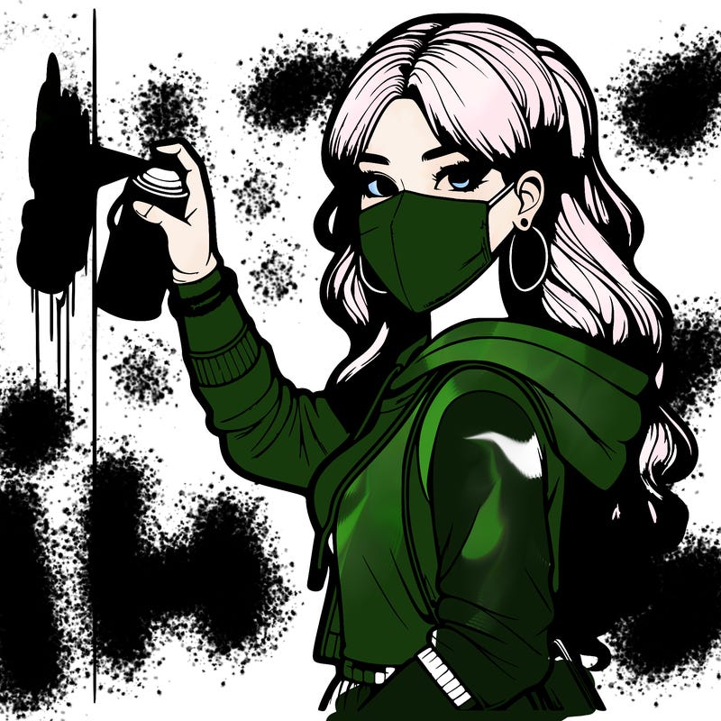 realistic girl with mask spray painting a wall