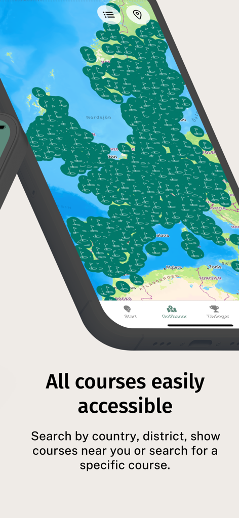 La aplicación Golfamore muestra un mapa de Europa cubierto de pines verdes que representan campos de golf accesibles.