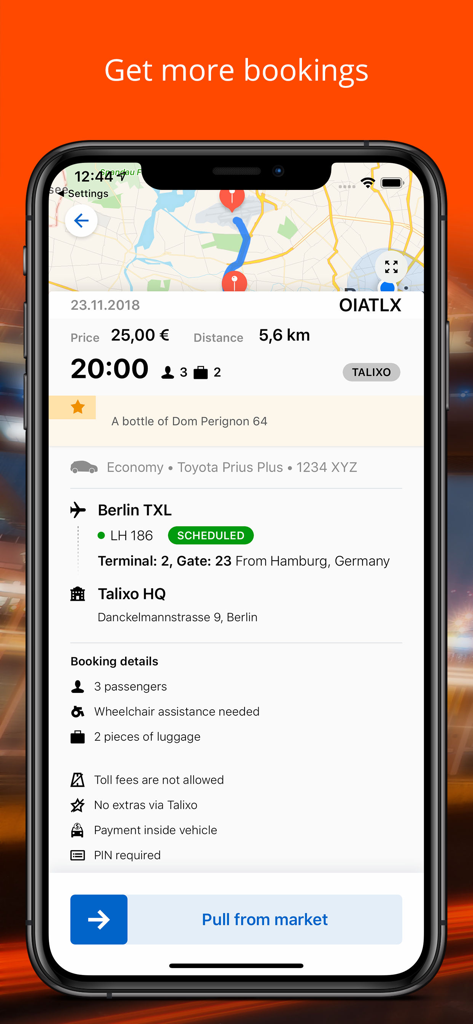 Captura de tela do aplicativo Talixo Driver mostrando informações detalhadas para uma reserva profissional de transferência de aeroporto, incluindo preço, número do voo e local de embarque.