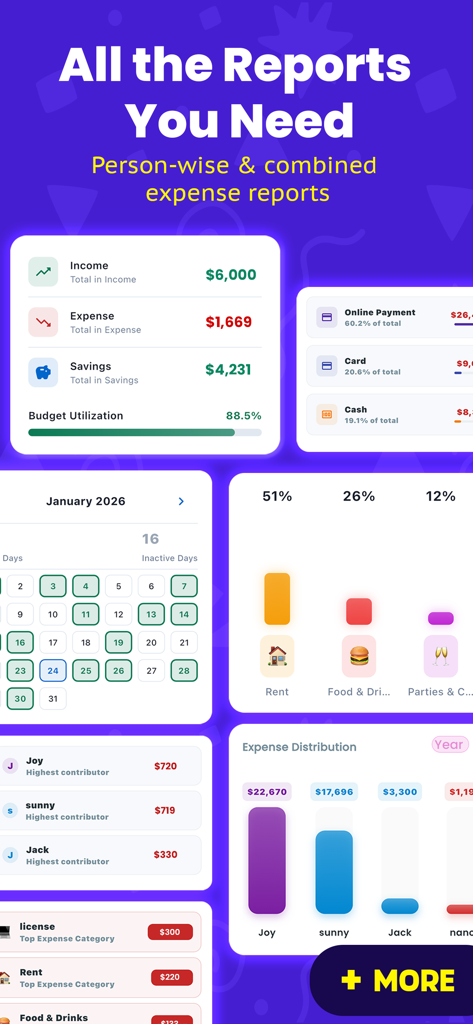 ListExpenser: Expense Tracker - Comprehensive financial reports and spending analytics dashboard for ListExpenser showing individual and combined expense distribution