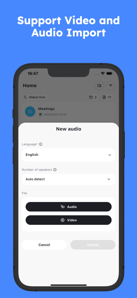 SoundType AI - Voice To Text - Interface of SoundType AI app showing options to import audio or video files for transcription with speaker detection.