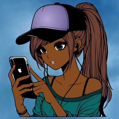 realistic girl with a long ponytail and trucker hat holding an iphone