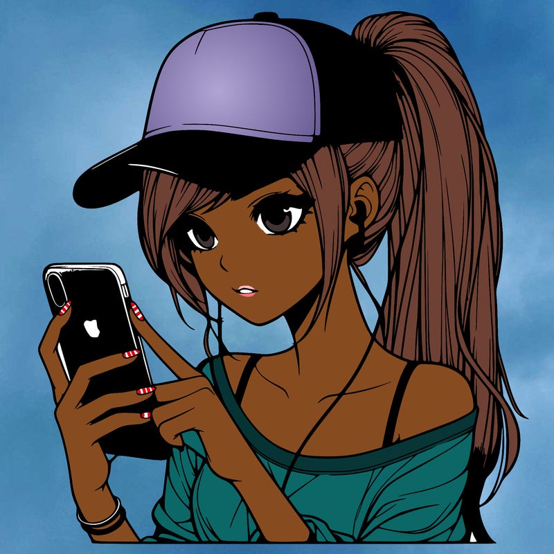 realistic girl with a long ponytail and trucker hat holding an iphone