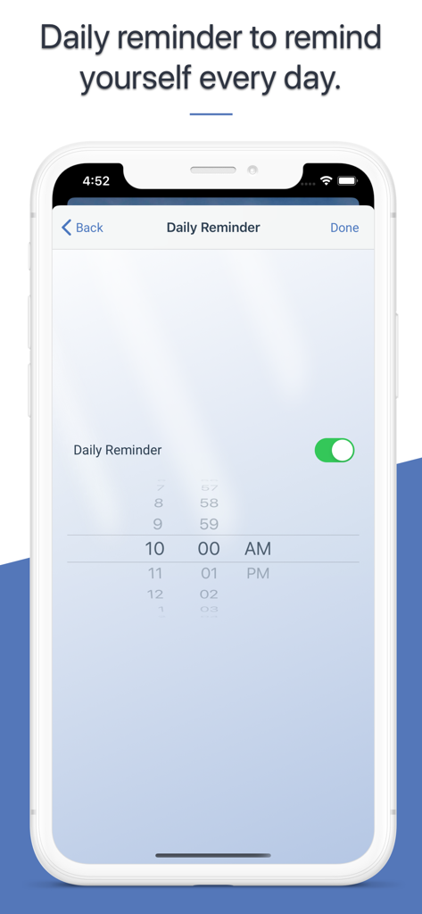 Captura de tela das configurações de lembrete diário no aplicativo Bible Thoughts mostrando uma ferramenta de seleção de horário definida para 10h.