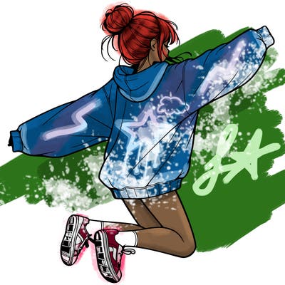 realistic girl jumping with a bun and oversized sweatshirt