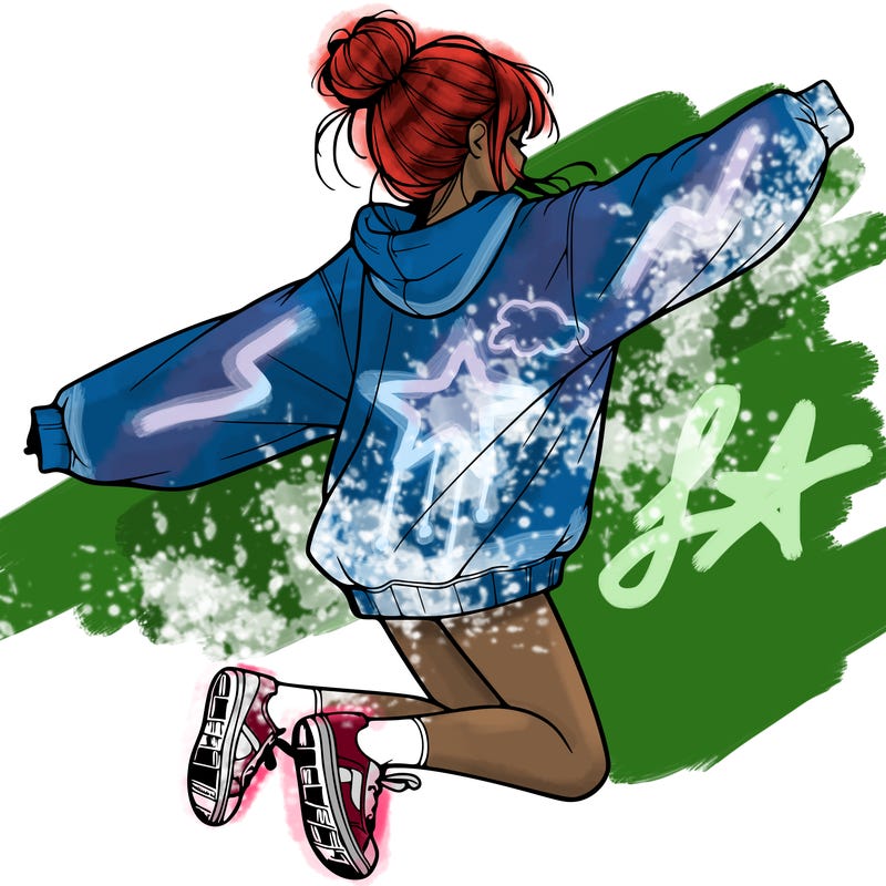realistic girl jumping with a bun and oversized sweatshirt
