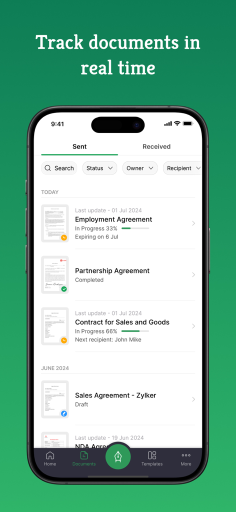 Zoho Sign mobile app interface showing a list of sent documents with real-time signature progress and status tracking.