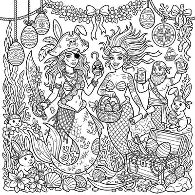 Embark on an extraordinary Easter adventure beneath the waves with our Pirate Mermaids coloring page. This unique scene combines swashbuckling mermaids, a hearty merman, and festive Easter delights for hours of creative fun.