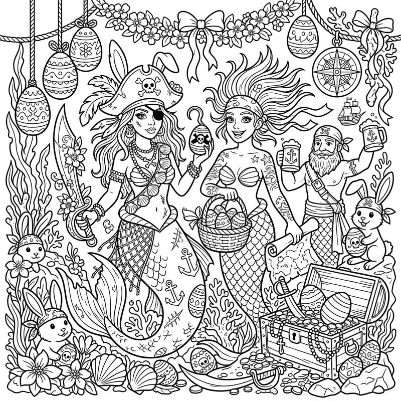Embark on an extraordinary Easter adventure beneath the waves with our Pirate Mermaids coloring page. This unique scene combines swashbuckling mermaids, a hearty merman, and festive Easter delights for hours of creative fun.