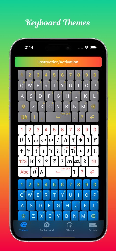 Type Geez Keyboard app interface showing different color themes and character layouts for Amharic and English