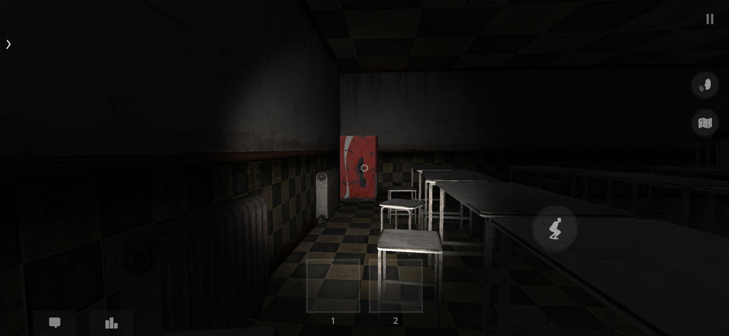 A dark school canteen with long tables and a red vending machine in the horror game The Ghost