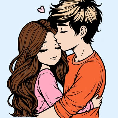a realistic couple boy and girl hugging and kissing