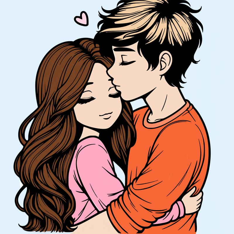 a realistic couple boy and girl hugging and kissing