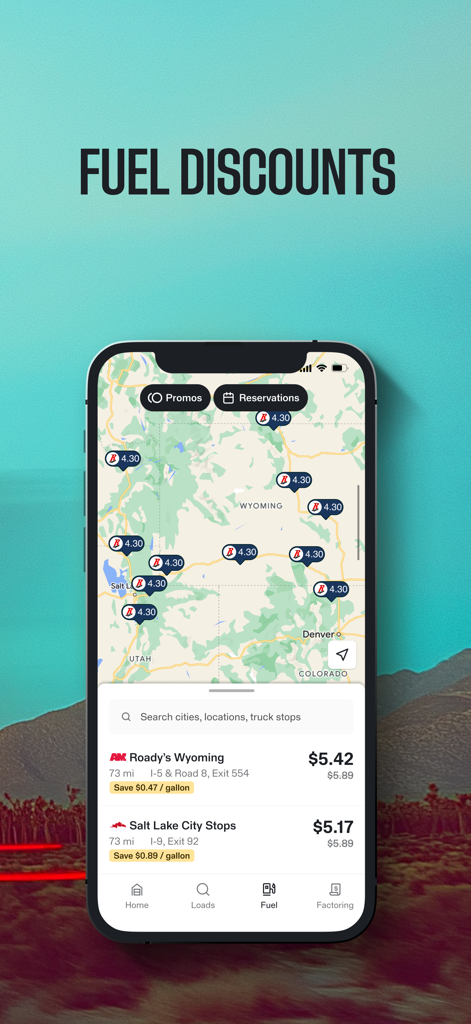 TruckSmarter Load Board & Fuel - TruckSmarter mobile app interface displaying diesel fuel discounts and truck stop locations on a map for truck drivers.